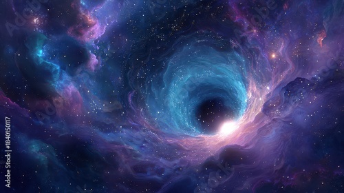 Fototapeta Naklejka Na Ścianę i Meble -  Cosmic wormhole voyage through a starry nebula field with a glowing space-time tunnel