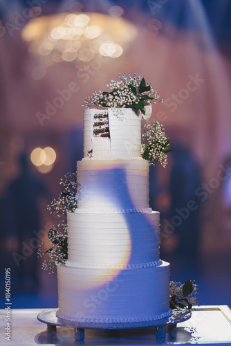 Obraz na plátně Elegant wedding cake stands tall at a festive reception with a soft glow and blu