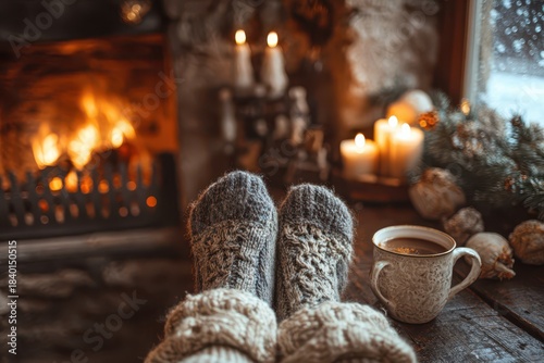 Wallpaper Mural Cozy close-up: feet in wool socks warming by a crackling Christmas fireplace Torontodigital.ca