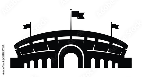 A striking black silhouette of a grand stadium with waving flags gracefully displayed silhouette