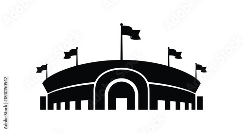 A striking black silhouette of a stadium with waving flags a unique architectural depiction silhouette
