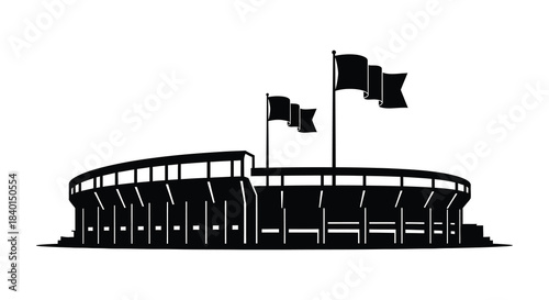 An imposing stadium design with waving flags presented as a striking black silhouette
