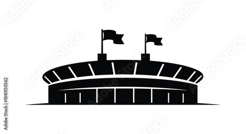 A striking black silhouette of a classic stadium with flags waving proudly in the wind silhouette