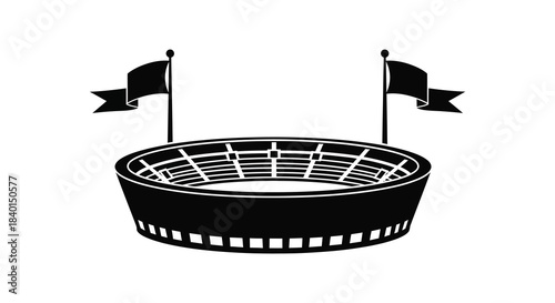 A striking black and white image of a stadium with fluttering flags presented as a silhouette