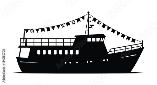 A striking black silhouette of a decorated boat with bunting evoking a nautical theme silhouette