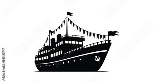 A detailed black silhouette of a paddle steamer decorated with flags evoking nautical themes silhouette