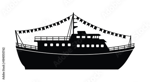 A striking black silhouette of a decorated passenger ship with festive bunting above it silhouette
