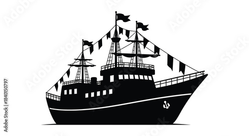 Detailed depiction of a vintage pirate ship with fluttering flags a striking silhouette