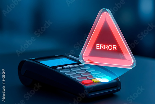 POS terminal with a red glowing error message on screen. Payment transaction failure concept for financial disruption and technical issues.