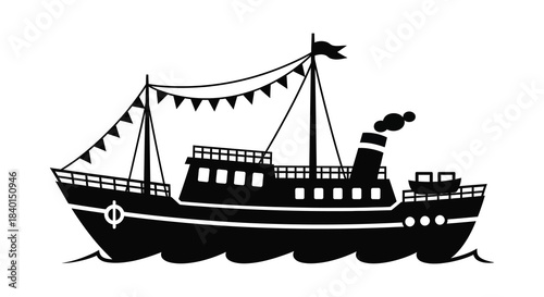 A vintage steam boat with festive bunting and a smokestack depicted as a silhouette