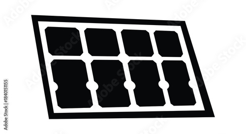 A black and white graphic depicting a solar panel grid in a bold silhouette