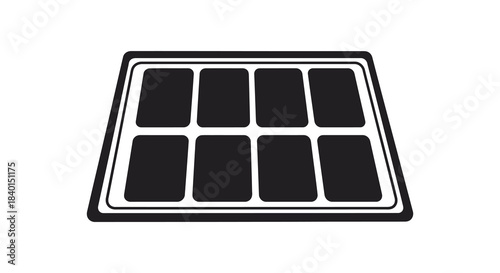 A rectangular frame containing a grid of eight dark squares a bold graphic silhouette