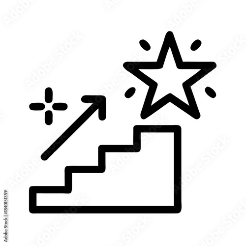 A black line icon of a staircase with an upward arrow and a star above it, symbolizing success and achievement in business or education
