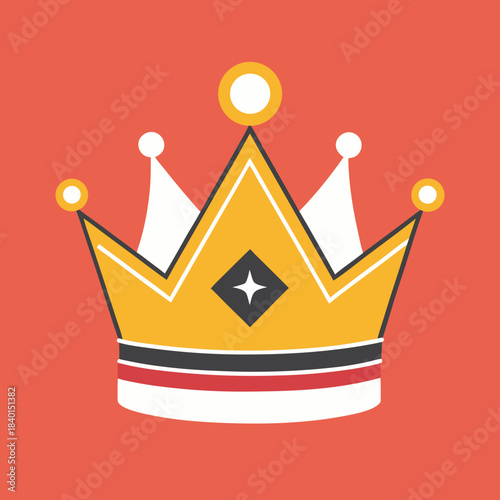 A vibrant cartoon crown with yellow, white, black, red, and orange colors on an orange background, symbolizing royalty and power