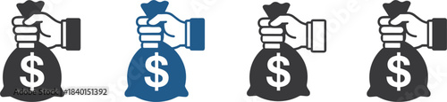 Hand Holding Money Bag Dollar Sign Icons Blue and Black vector illustration
