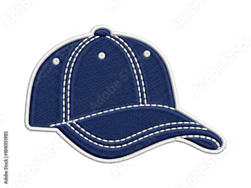 Embroidered blue baseball cap with white stitching, isolated