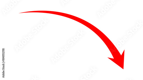 Long curved red arrow falling downward direction concept of stock market business crash, financial loss, business downfall sign. Moving down arrow pointing down direction. Vector illustration.