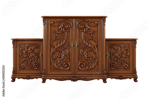 Ornate antique three-piece carved wooden wardrobe cabinet isolated