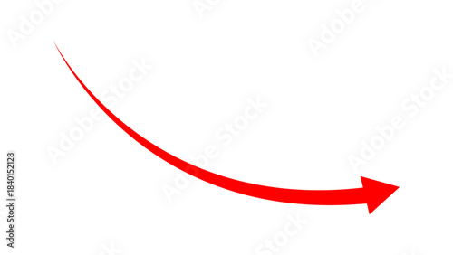 Long curved red arrow falling downward direction concept of stock market business crash, financial loss, business downfall sign. Moving down arrow pointing down direction. Vector illustration.