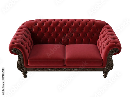Luxurious red velvet antique style sofa with tufted back isolated