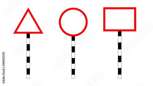 Road and street sign blank geometrical red bordered plate shapes includes triangle, circle and rectangle. Empty box for vehicles and traffic highway notice sign. Road side notice. Vector illustration.