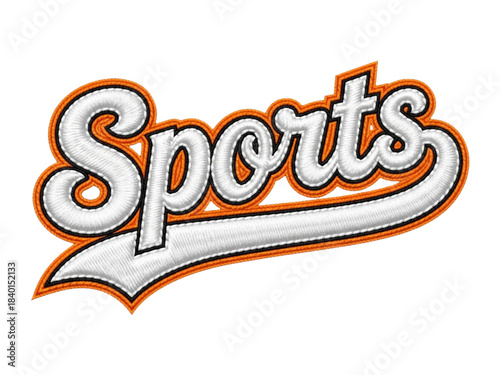 Scripted sports word stitched in orange and white thread isolated.