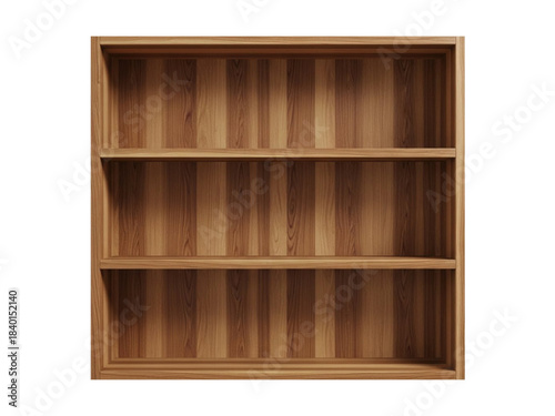 Empty wooden bookshelf with three shelves and natural grain isolated