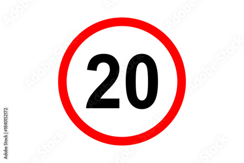 Road and street sign maximum speed 20 on red bordered white circle. Vehicles or traffic speed limit highway, expressway notice symbol 20 km per hour. Vector illustration.