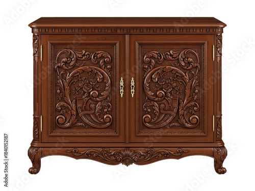 Ornate antique wooden cabinet with detailed floral carving on doors isolated.