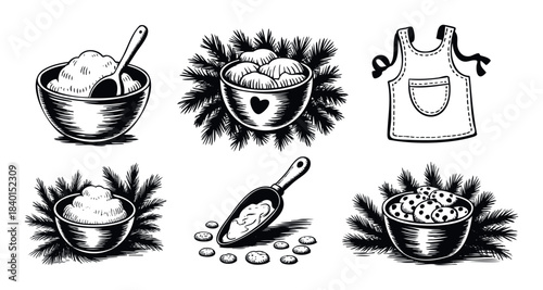 Collection of baking icons featuring bowls of ingredients, cookies, and an apron, perfect for culinary websites, recipe cards, or food blog graphics
