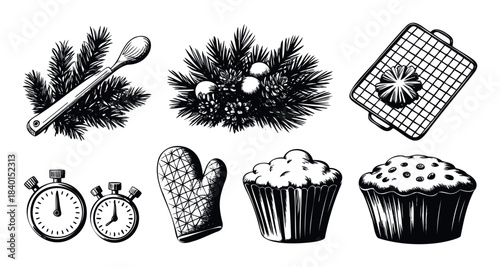 Black and white sketch of kitchenware and holiday decorations, perfect for bakingthemed designs and seasonal promotions