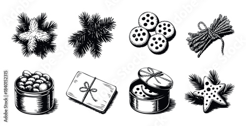 Whimsical handdrawn Christmas collection featuring festive pine sprigs, starshaped cookies, wrapped gifts, and cookie tins, perfect for holiday crafting and seasonal promotions.