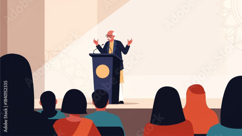 This flat design vector illustration portrays an engaging author delivering a speech at a podium, capturing the essence of intellectual discourse at the Jaipur Literature Festival.