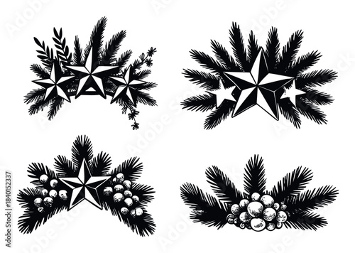 Black and white Christmas ornaments with stars and pine branches, perfect for holiday decorations and festive winter themes, suitable for design projects.