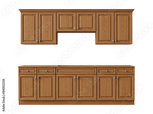 Classic wooden upper and lower kitchen cabinets isolated
