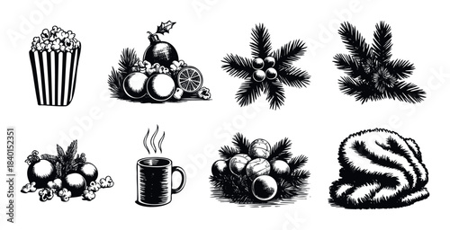 Vintage woodcut style Christmas decorations including popcorn, ornaments, pine branches, and a hot mug, perfect for festive holiday greetings and winter themes.