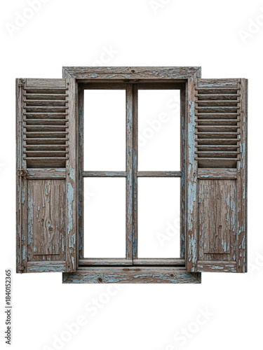 Distressed rustic wooden window frame with open blue shutters isolated.
