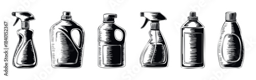 Collection of various cleaning and household product bottles with sprayers and caps, ideal for domestic hygiene marketing and product packaging concepts.