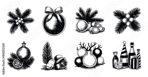 Collection of handdrawn Christmas ornaments pine branches fruit and gift box elements for festive holiday decor and celebration design concepts