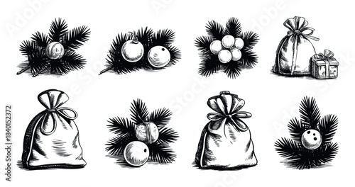 Whimsical handdrawn collection of Christmas ornaments and gift bags on fir branches, perfect for festive holiday invitations, decorations, and winterthemed projects.
