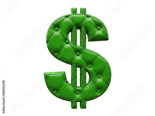 Tufted green leather dollar sign symbol with stitching detail isolated