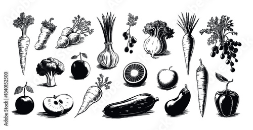 Collection of fresh vegetables and fruits rendered in a classic woodcut style, perfect for food packaging, healthy eating promotions, and culinary themes.