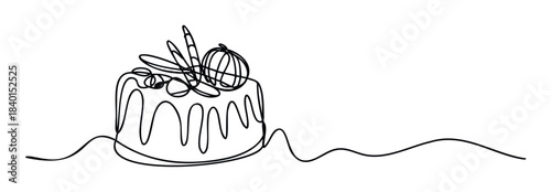 Single line drawing of a decorated cake with swirl frosting and berries, perfect for celebrations, baking, or holiday food concepts.