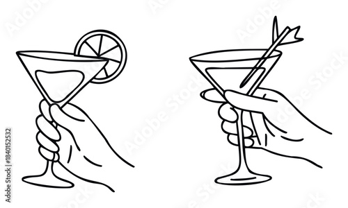 Hands holding martini glasses with garnishes, perfect for celebrations, parties, and beverage promotions.