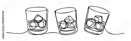 Three glasses with ice cubes drawn in a continuous line style, perfect for representing drinks, refreshment, or abstract concepts in media and promotions.