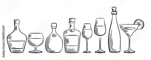 Collection of sketched bottles and glasses for alcoholic beverages and cocktails suitable for menus and decorative uses
