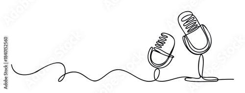 Minimalist single line drawing of two vintage microphones connected by a cord, perfect for podcasting and music recording concepts.