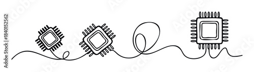 Abstract line drawing of computer chips connected by abstract lines, representing technology and data transfer for tech concept