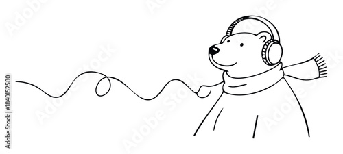 Cute bear wearing headphones and scarf, listening to music with a flowing wire, perfect for winter or audio themed projects and media.