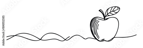 Simple line drawing of an apple with a leaf, connected by a flowing wavy line, ideal for use in healthy eating or educational themes.
